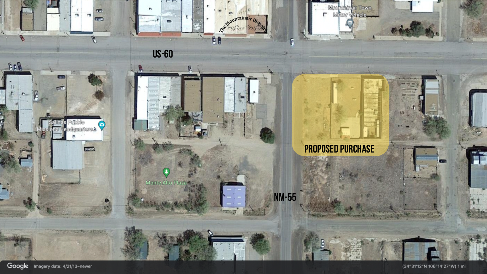 Satellite imagery and an overlay showing the commercial property on the corner of NM-55 and US-60 sought for purchase by John Anaya and his associates. The property includes an abandoned commercial building.