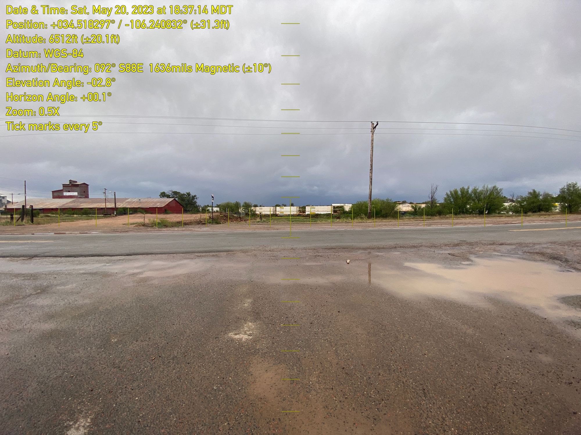 Street view of proposed area of 3rd Street for Purchase looking towards the BNSF Railroad, with a train passing in the background, and an overlay providing latitude and longitude of the location (34.518297, -106.240832), elevation (6,512 ft), and date and time of the photograph (May 20, 2023 at 18:37 MDT). 