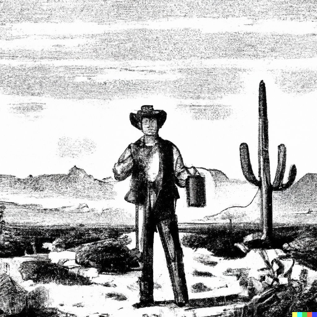 a black and white charcoal drawing of a cowboy in a desert with an empty canteen