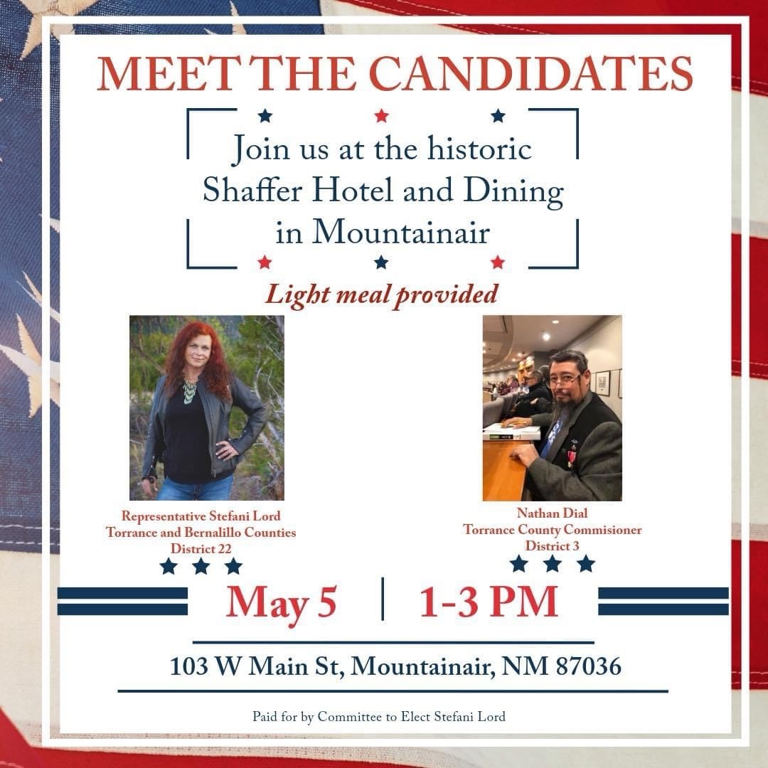 Candidates Stefani Lord and Nathan Dial will be having a meet the candidates event on May 5, 2024, at The Shaffer Hotel from 1:00 PM to 3:00 PM. A light meal will be provided.