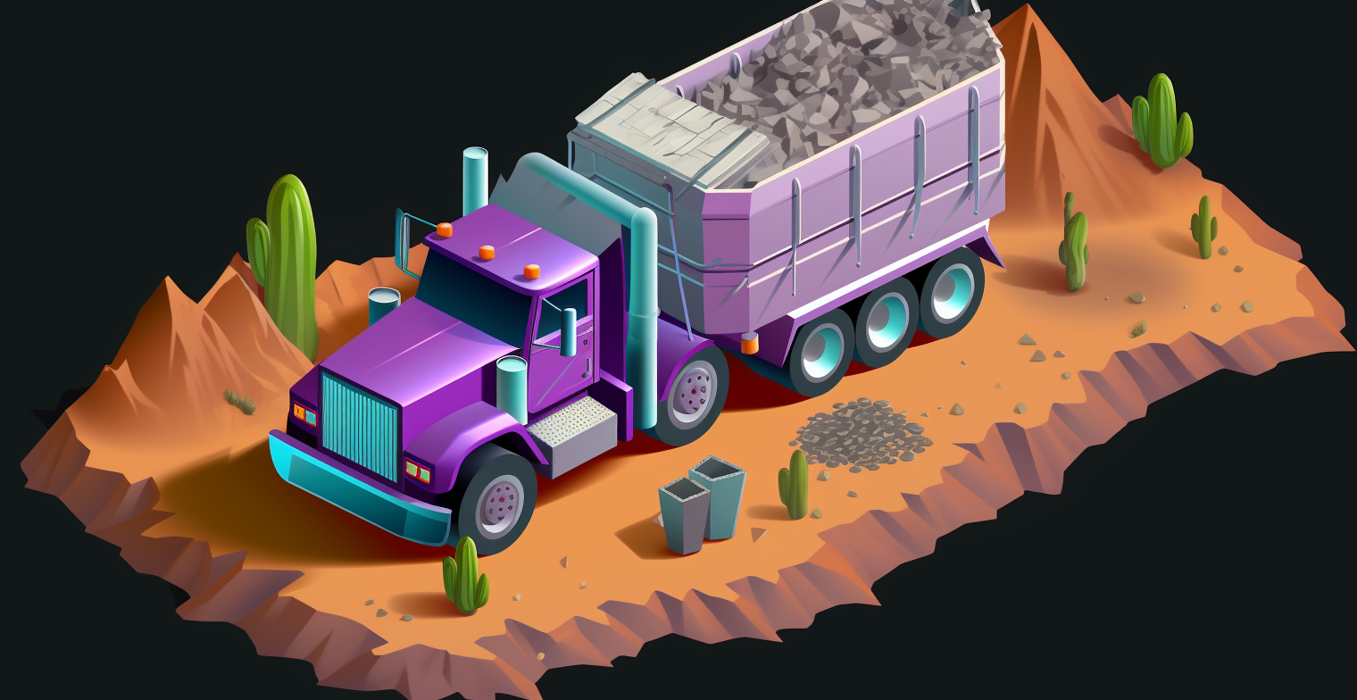an isometric image of a dump truck in the desert