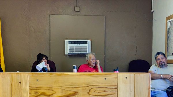 Trustee Stella Chavez, Trustee J. Morrow Hall, look at Mayor Nathan Dial as he smirks at a member of tand Mayor Nathan Dial