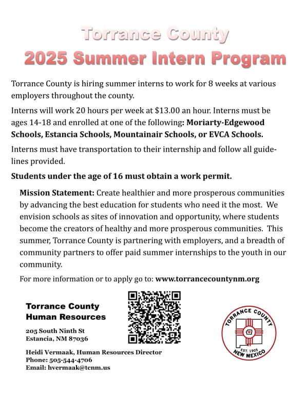 Torrance County Summer Internship Program open to Applications